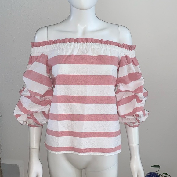 ALEXIS *Juneau* pink white stripe off shoulder puff sleeve top S - Picture 2 of 6